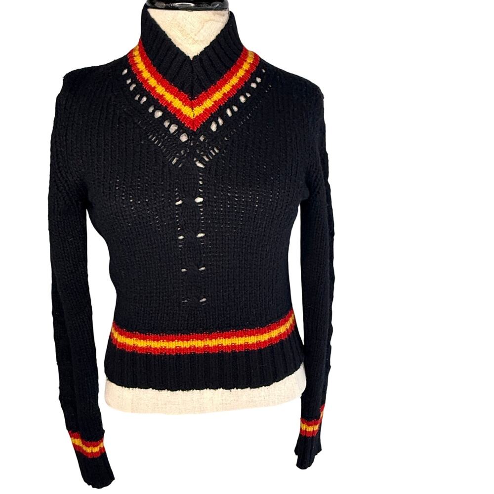 VTG John Galliano Paris V-Neck Wool Blend Knit Sweater Black Red Yellow Small